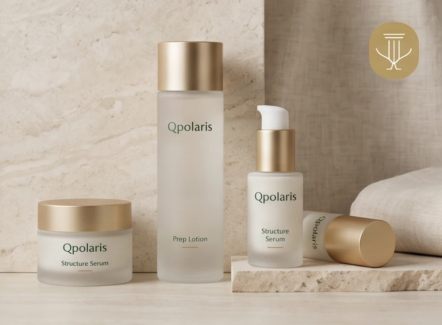 Qpolaris skincare products in a warm and refined setting