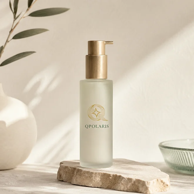 A curated arrangement of Qpolaris skincare products in warm natural light
