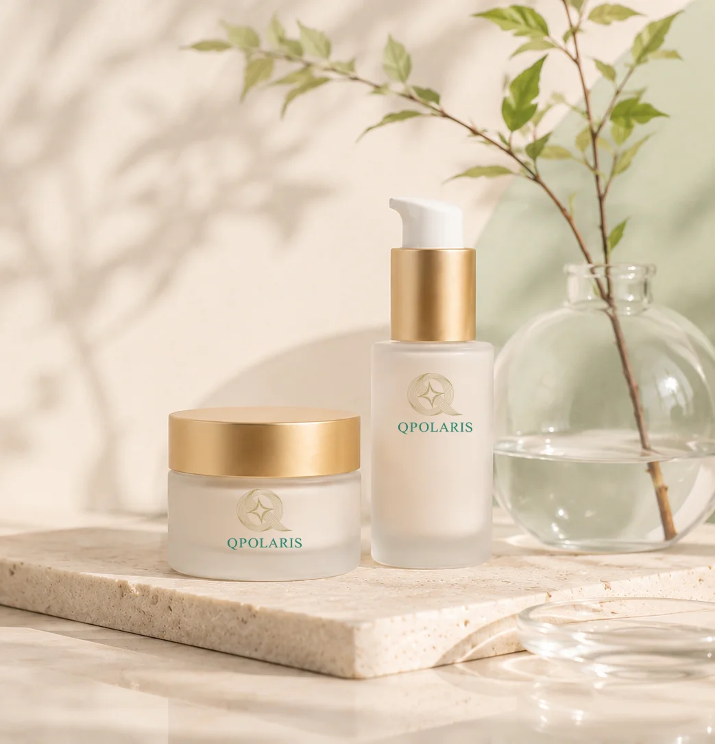 Qpolaris prep lotion, structure serum, and seal cream arranged in a calm neutral setting