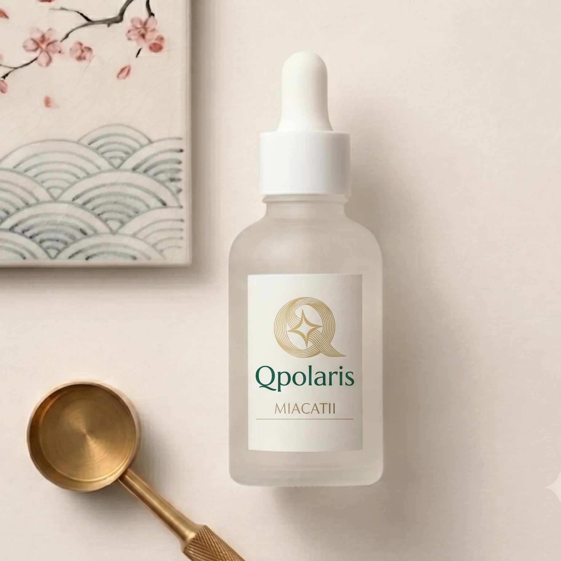 A serum bottle with a Japanese-inspired backdrop and brass detail
