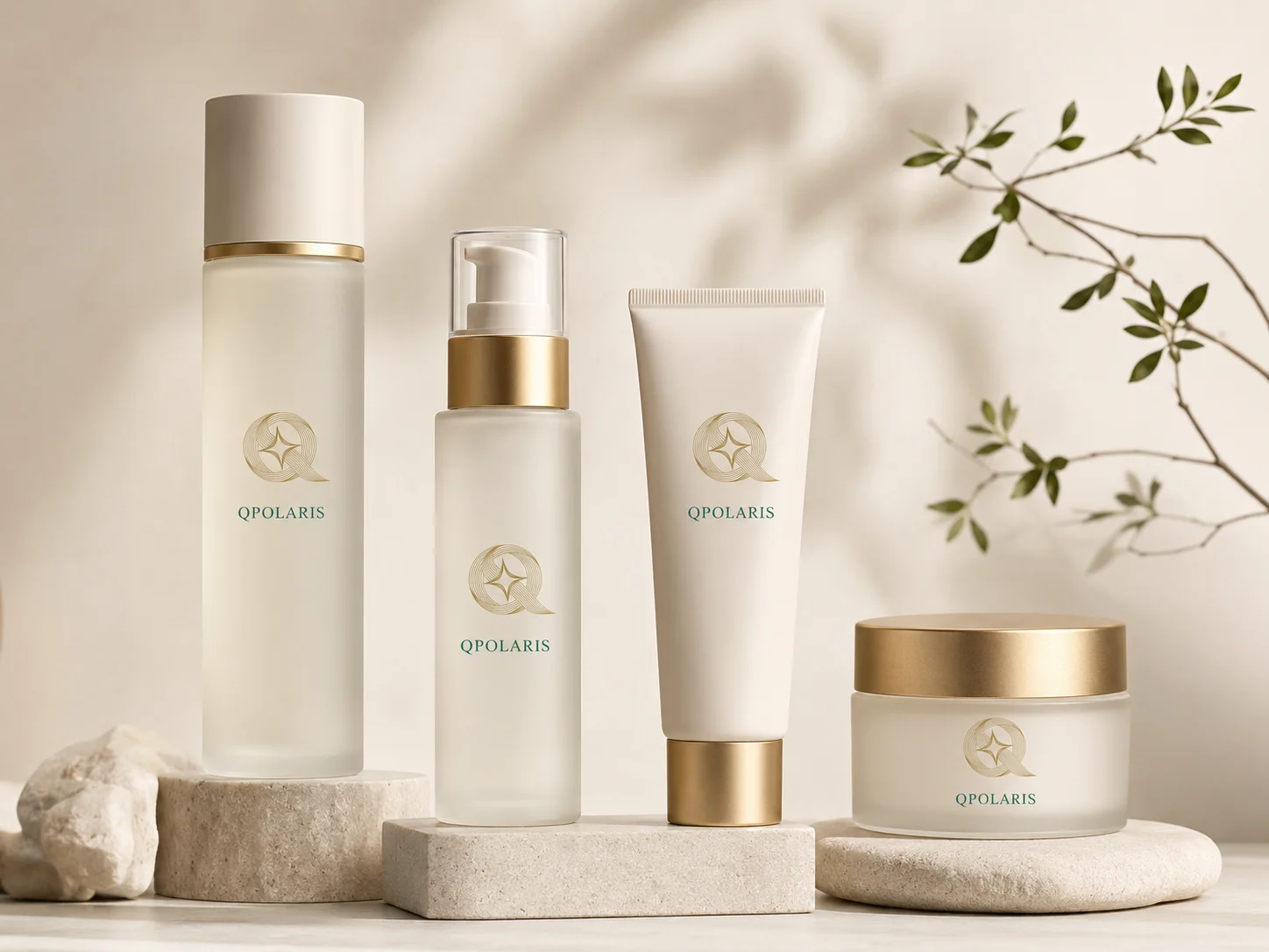 Qpolaris skincare products in a warm and refined setting